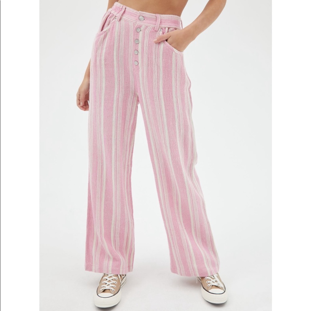 UO Pink & White Stripped Linen Flare Pants